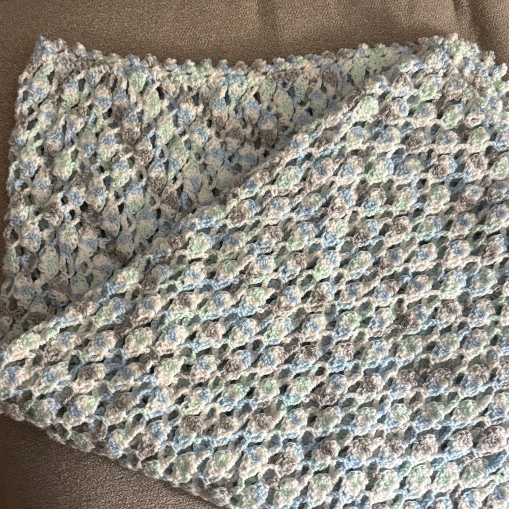 Crochet baby blanket in shades of blue/green/gray/white 38x34 inches handmade